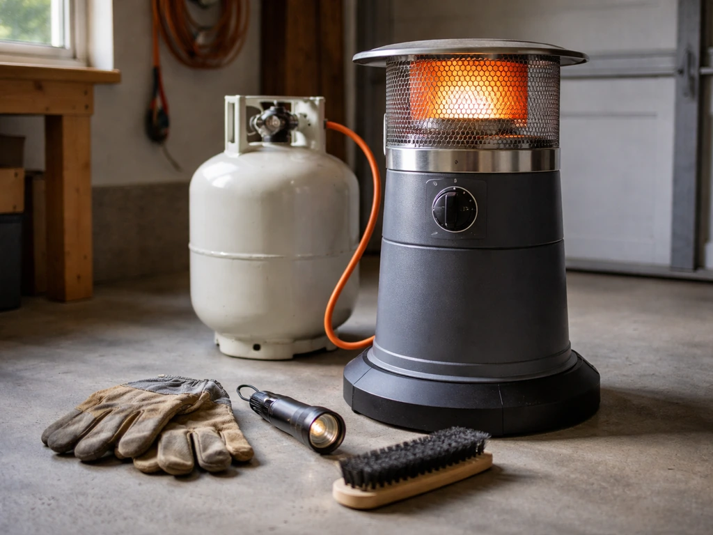 Safety setup: off propane heater with closed valve and tools (gloves, flashlight, brush) laid out neatly nearby.