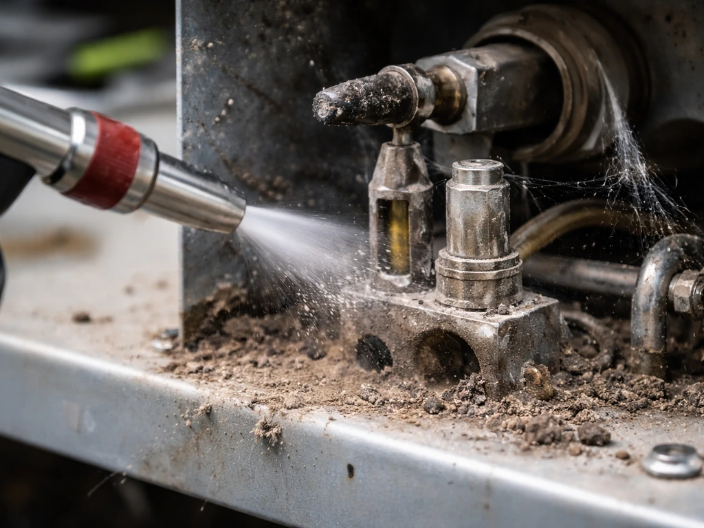 Compressed air nozzle aimed at furnace pilot assembly where dust and cobwebs are near the opening.