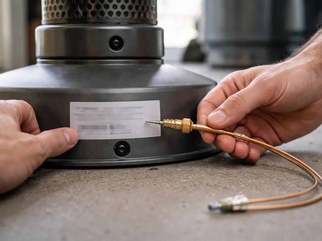 Close-up of a hand locating a heater model number on a base-pole sticker and checking a thermocouple
