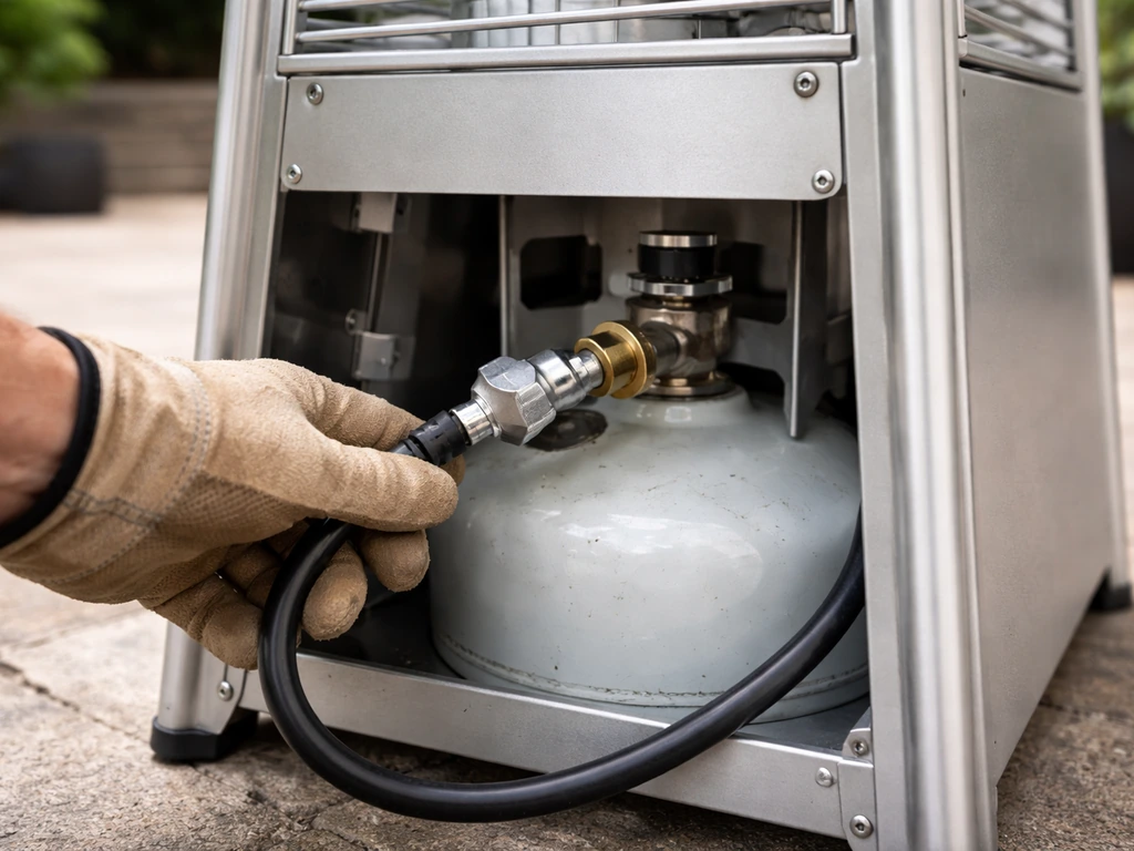 Close-up of a propane tank connection at a pyramid patio heater base with the area inspected for leaks.
