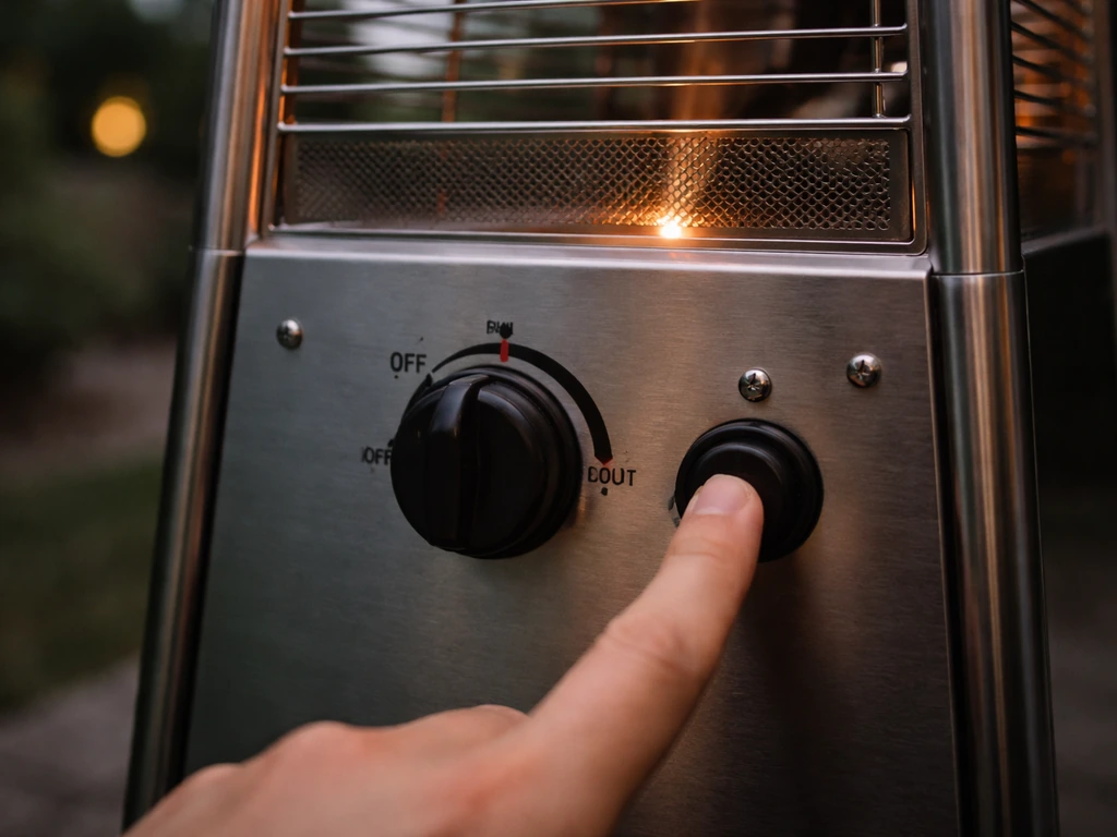 Close-up of a propane patio heater control knob on pilot with a finger pressing igniter; pilot spark visible.