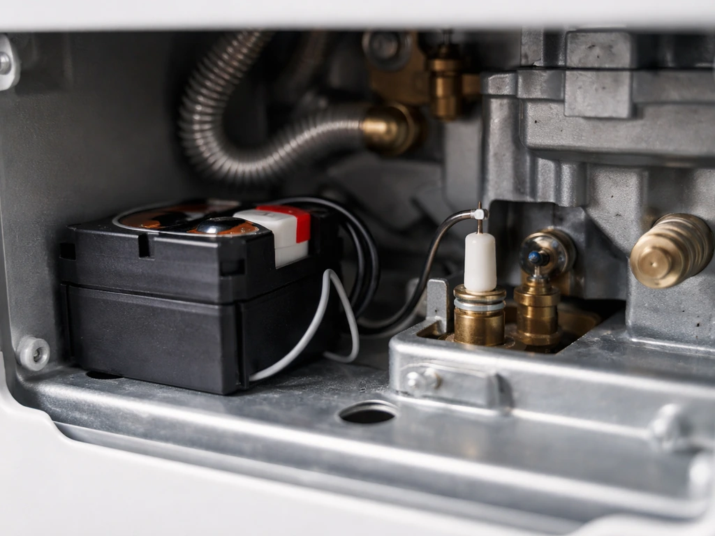 Close-up of gas heater igniter battery and electrode near the pilot burner, no flame present.