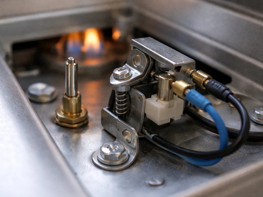 Close-up of a gas heater base showing thermocouple probe near the pilot flame and tilt safety switch area