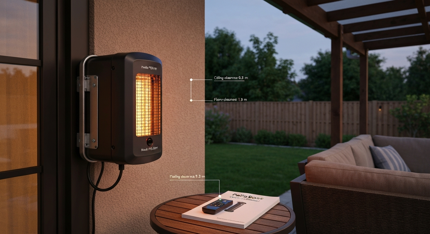 Wall‑mounted PatioBoss electric patio heater glowing over a patio table with the owner's manual and remote visible; model label shows 'PSG-15RY'.