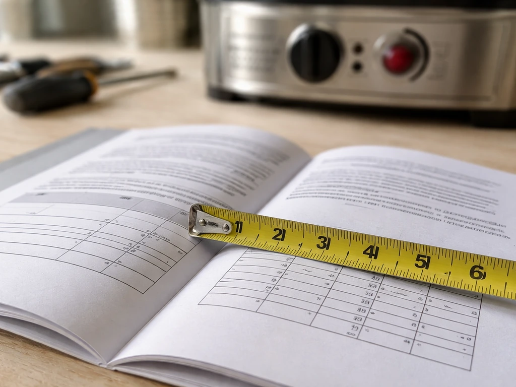 Close-up of a patio heater manual clearance table with a tape measure aligned to the clearance value.