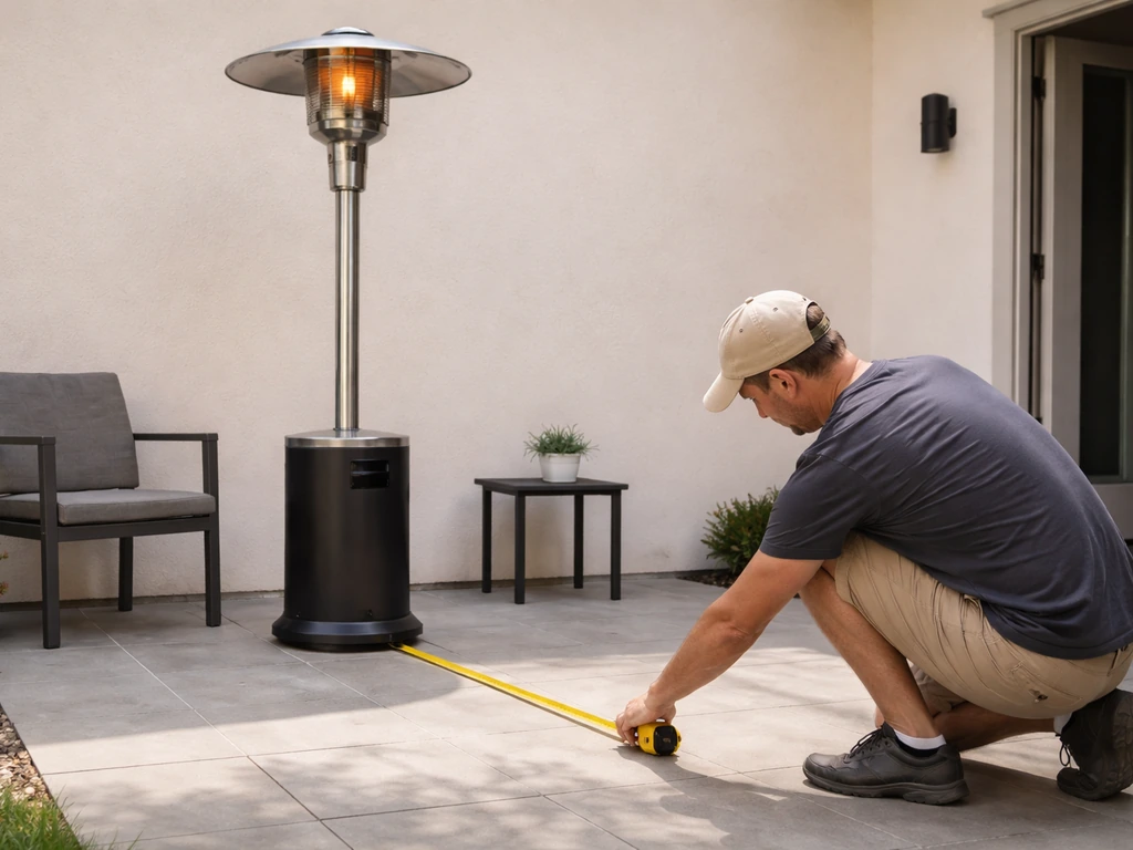 Person kneeling with measuring tape on patio near a running heater, showing space from seating, furniture, wall, and doo
