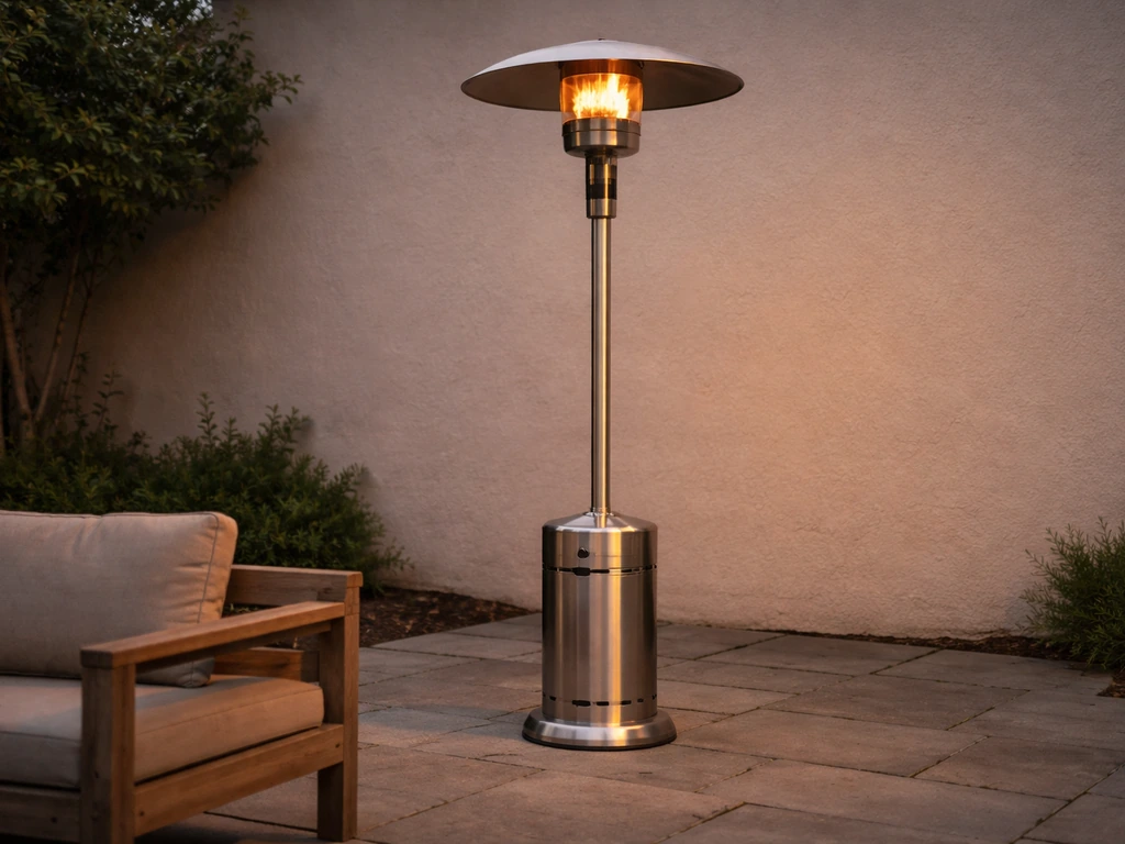 Outdoor patio heater with visible flame and clear space around nearby combustible items.
