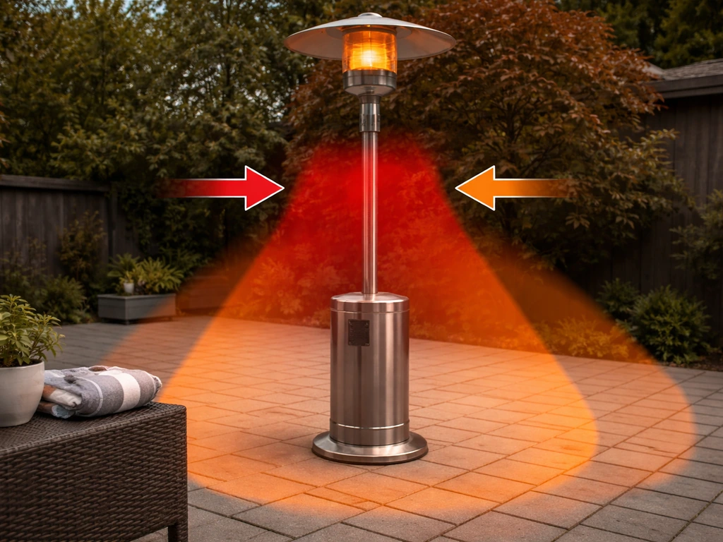 Patio heater on stones with two tinted heat hazard zones and arrows showing burn vs ignition risk areas.
