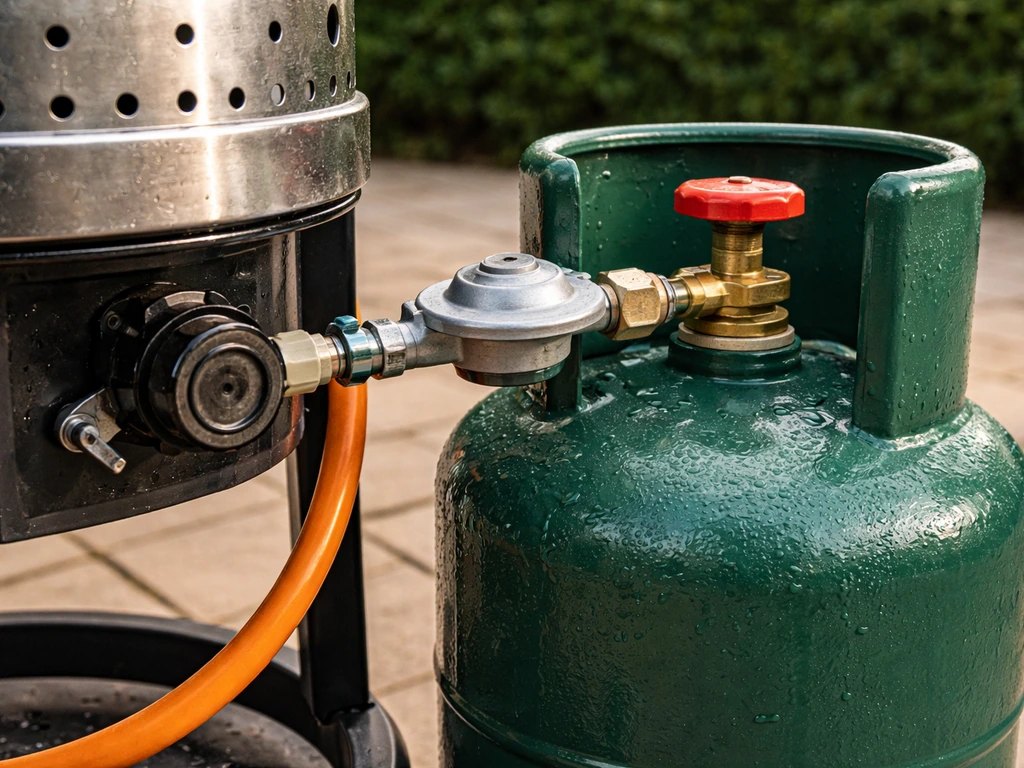 Close-up of a green patio gas cylinder and regulator beside a patio heater on a UK patio.