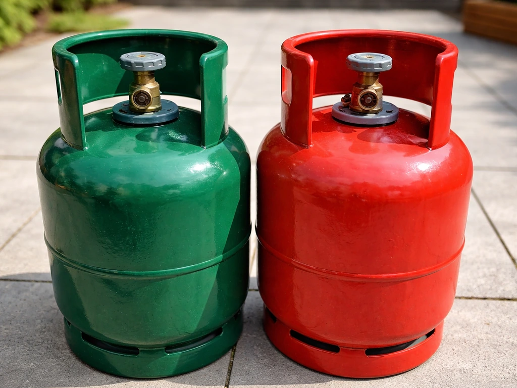 Close-up of a green patio gas cylinder next to a red/grey propane cylinder, showing color variants.