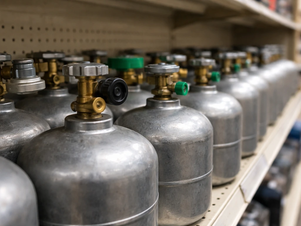 Close-up of small patio gas cylinders lined on a retail shelf, highlighting packaging and handling.