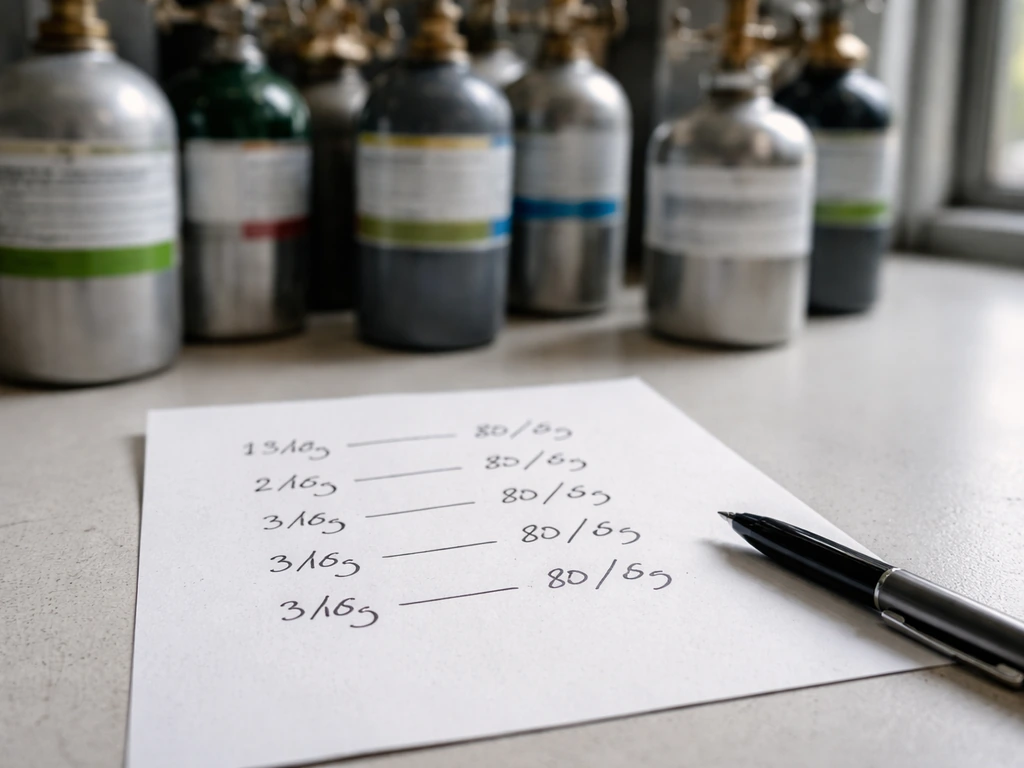 Close-up of gas cylinder weights on a bench with a handwritten price-per-kg calculation on paper.
