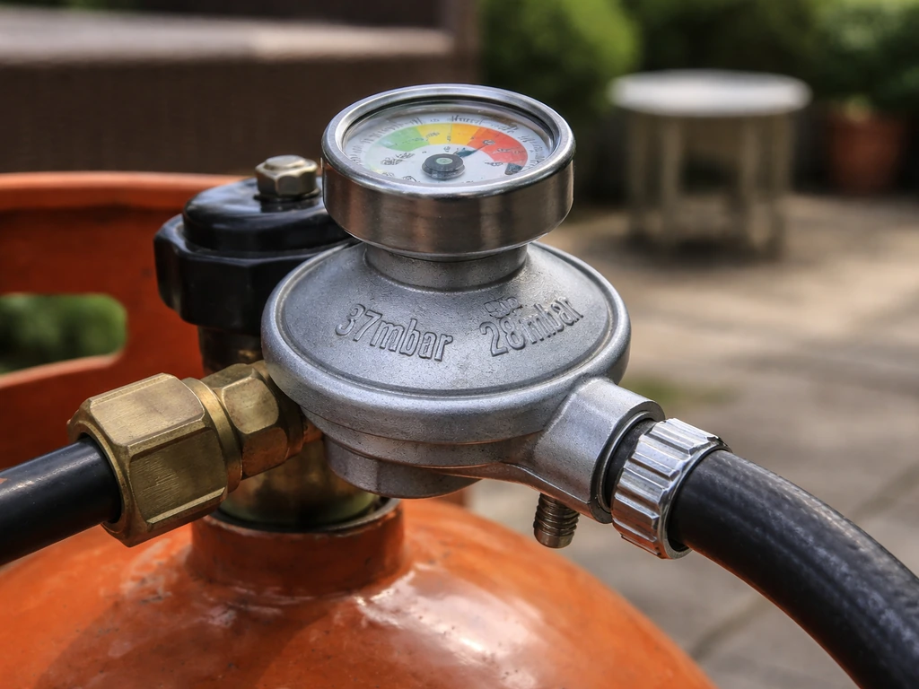 Close-up of a patio heater regulator with a gauge showing 37mbar vs 28mbar markings.