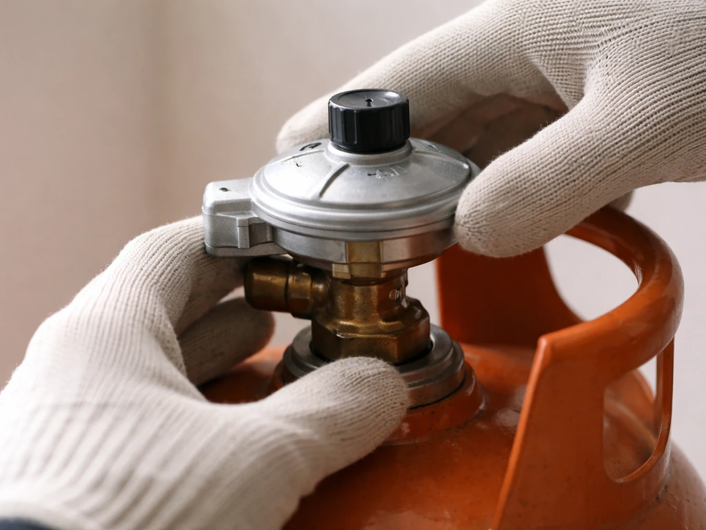Hands pressing a clip-on gas regulator onto a cylinder valve with the control knob set to off