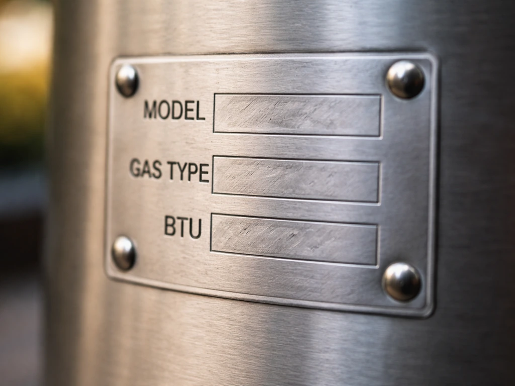 Close-up of a patio heater’s rating plate with model, gas type, and BTU details in focus.