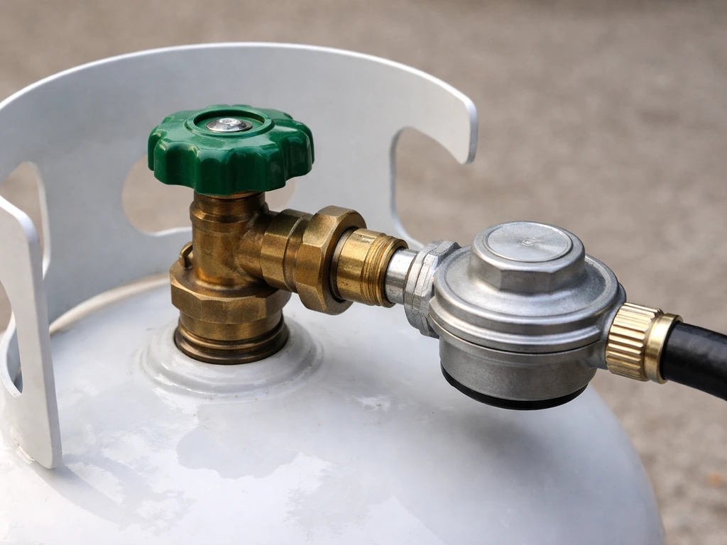 Close-up of a propane tank valve fully open and the regulator hose connection area