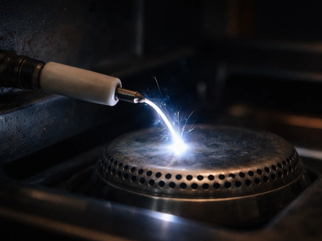 Blue-white spark leaps from an igniter tip to a burner in a dark, minimal grill setting.