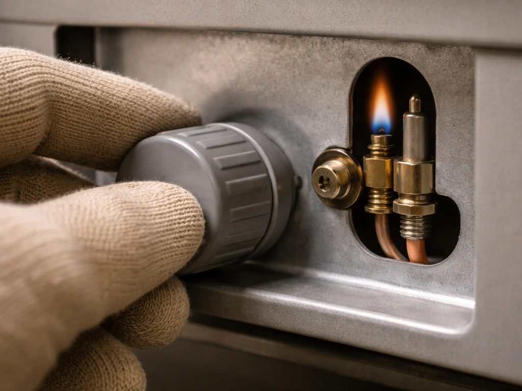 Close-up of gloved hand holding a gas heater control knob pressed, next to pilot/thermocouple connection.