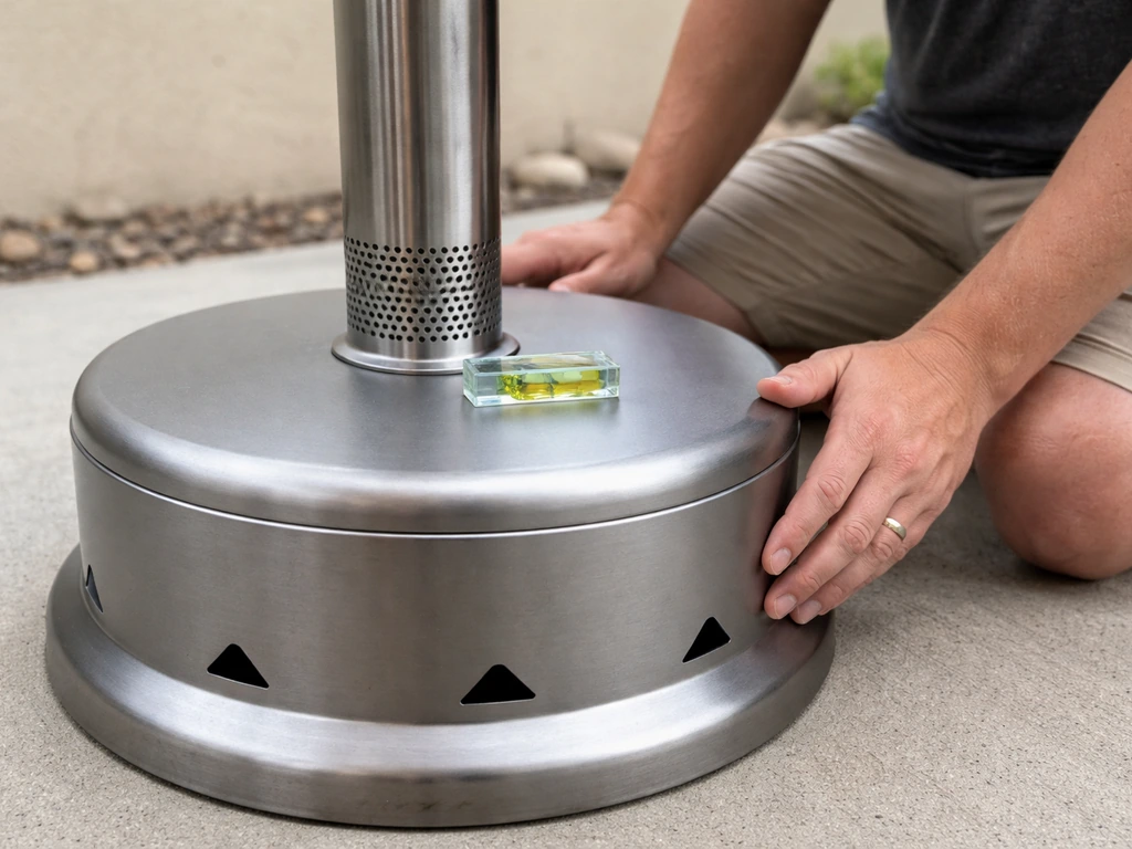 Hands use a small bubble level on a patio heater base to verify it’s perfectly level.