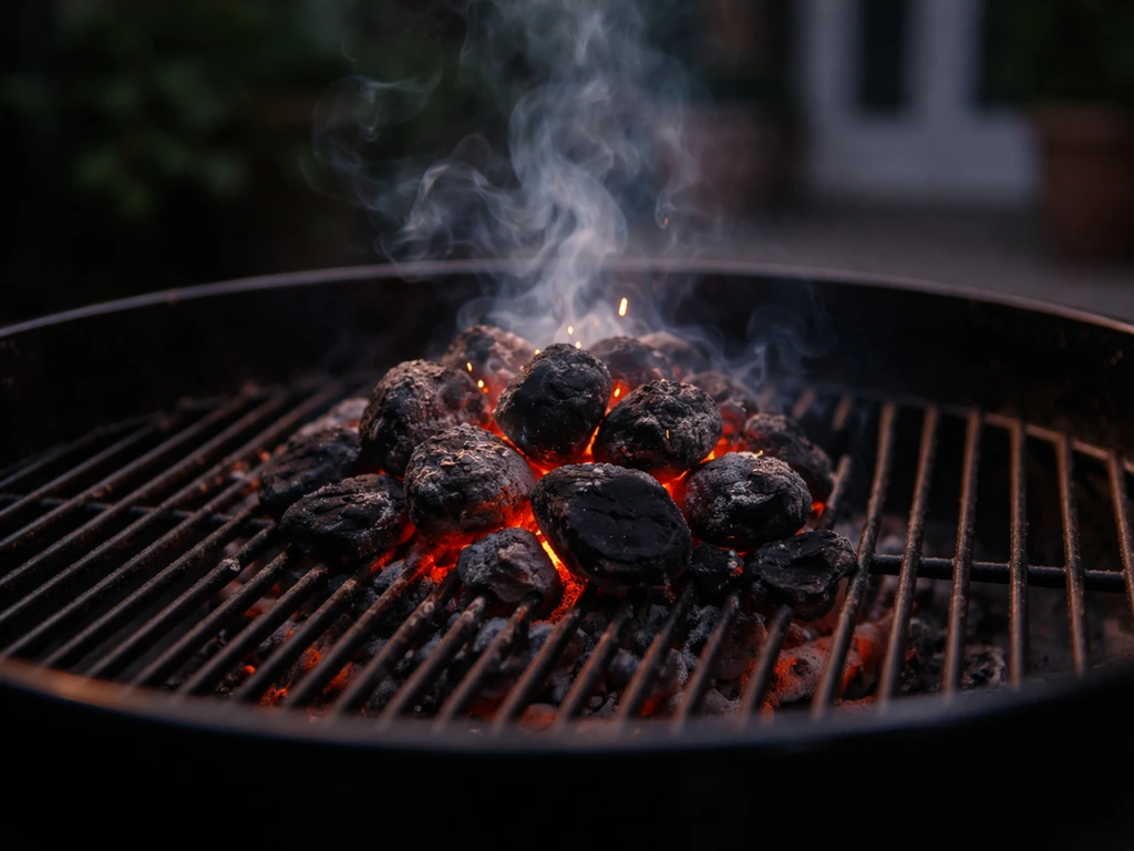 Close-up of glowing charcoal briquettes on a grill with a faint smoky haze and red embers, safety-focused mood.