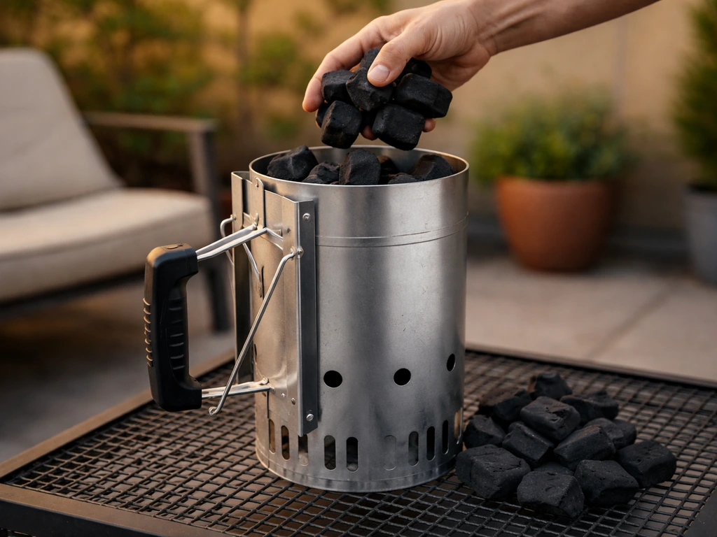 Hand loading charcoal into a chimney starter on a fireproof patio surface.