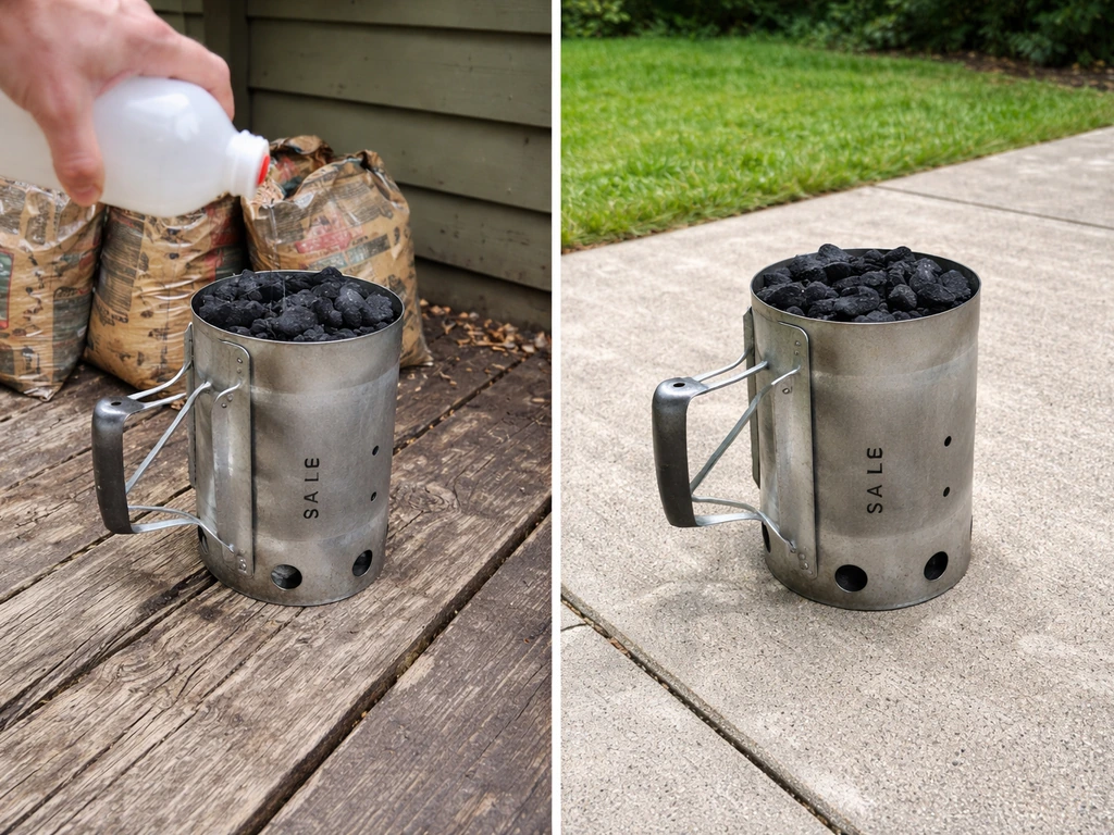 Split scene showing a chimney starter on safe bare concrete vs unsafe setup near wood and fuel pour.