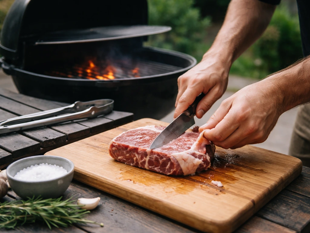 Hands trimming meat fat beside a running grill with the lid cracked open to control flare-ups.
