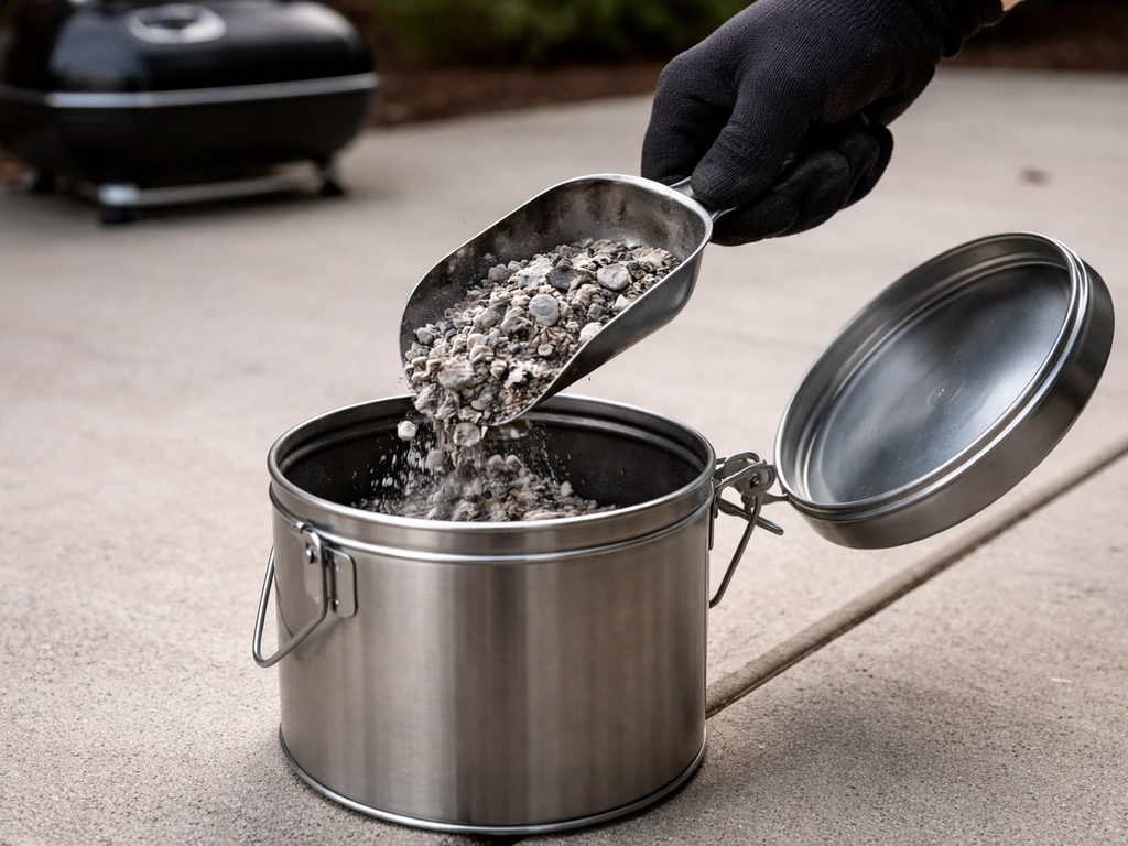 Gloved hand transferring cooled charcoal ash into a lidded metal container on a concrete surface