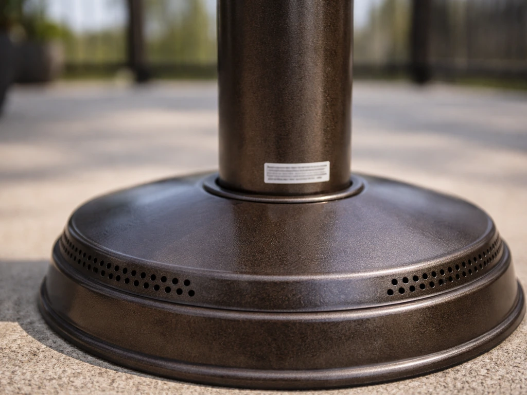 Close-up of a patio heater base and lower pole with a model/item sticker for identification.