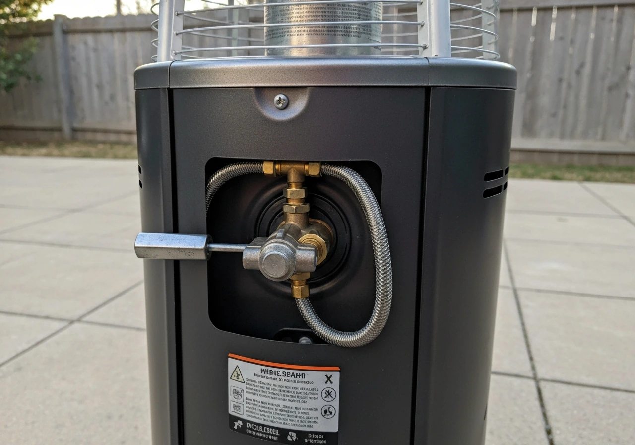 Outdoor patio propane heater with valve and gas line connection area prepared for inspection