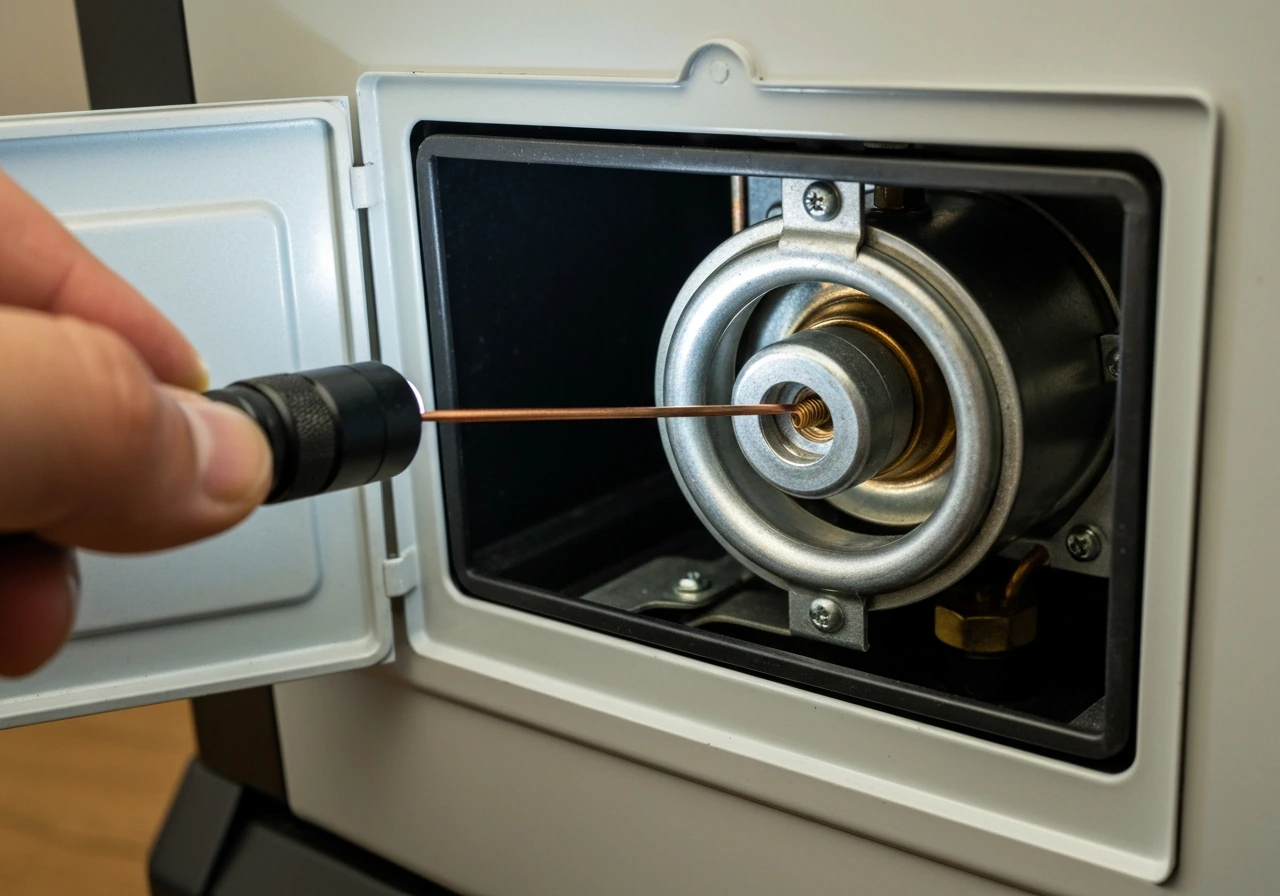 Close-up of a gas heater pilot assembly showing the thermocouple probe and mounting point with no flame.