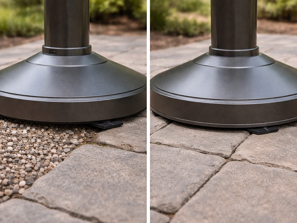 Side-by-side patio heater base showing rocking on uneven gravel vs level on a leveling pad