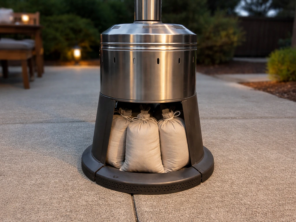 Sandbags placed low around a patio heater base, concealed for stability without blocking vents.