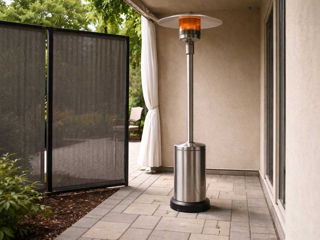 Patio heater on a covered deck, placed away from wind gusts with light breeze protection