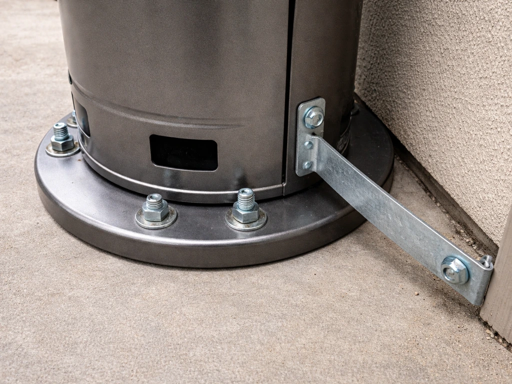 Outdoor heater base plate anchored with visible anchor bolts and anti-tip bracket to a wall