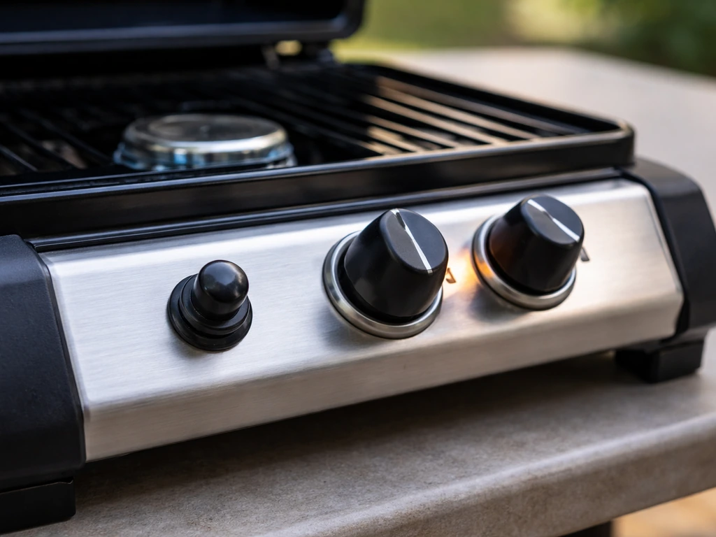 Close-up of a portable grill igniter and control knobs with burner area ready for quick troubleshooting.