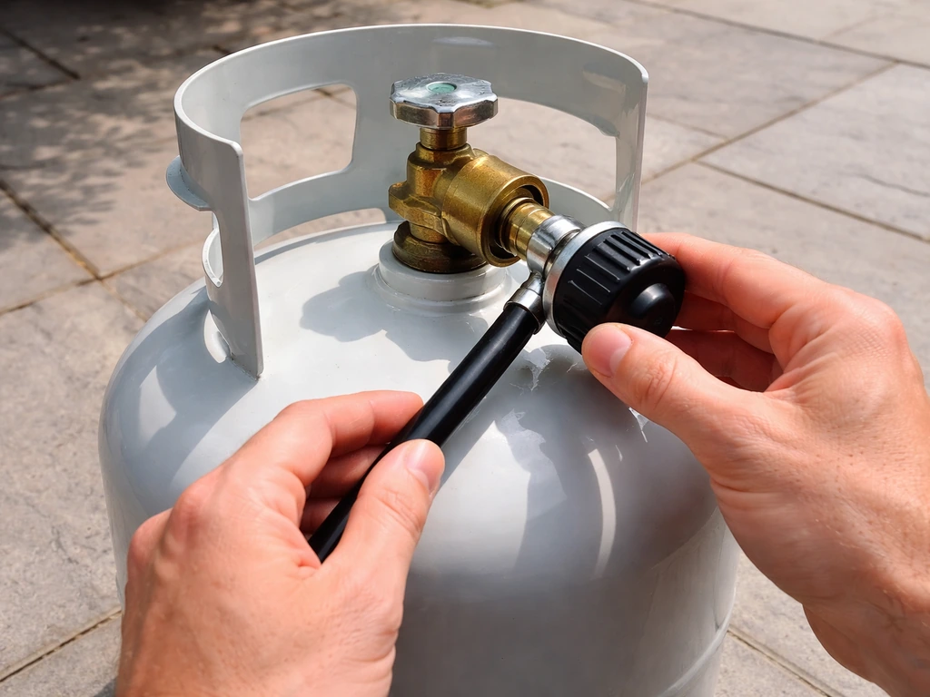 Close-up of a propane tank valve and hose/regulator connection with hands checking they’re properly fitted.