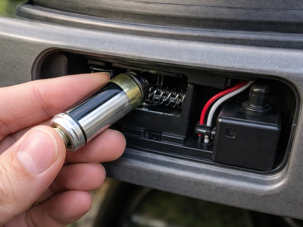 Closeup of a gas grill battery compartment with battery and electrical contacts being checked and seated