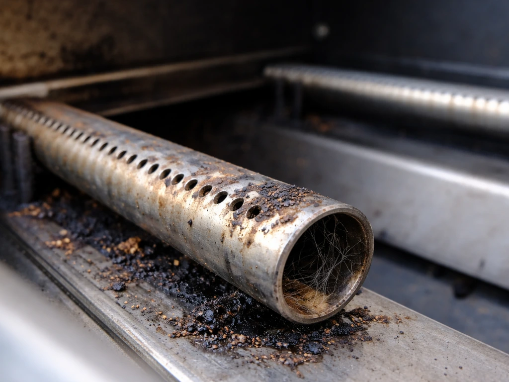 Open gas grill showing burner tubes with visible grease buildup and cleared clogs near the ports