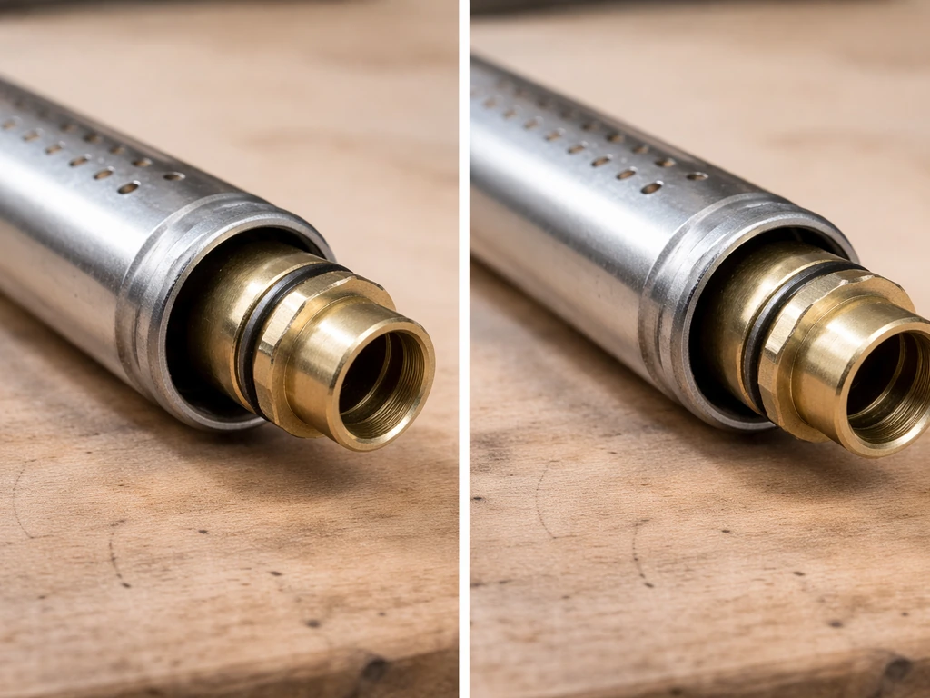 Close-up of a gas valve end aligned correctly inside a burner tube opening, showing proper placement for flow.