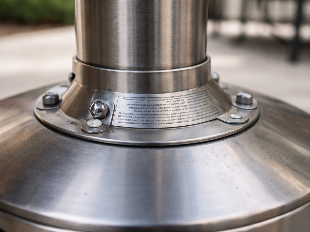 Close-up of a stainless patio heater’s base and identification label area for model verification