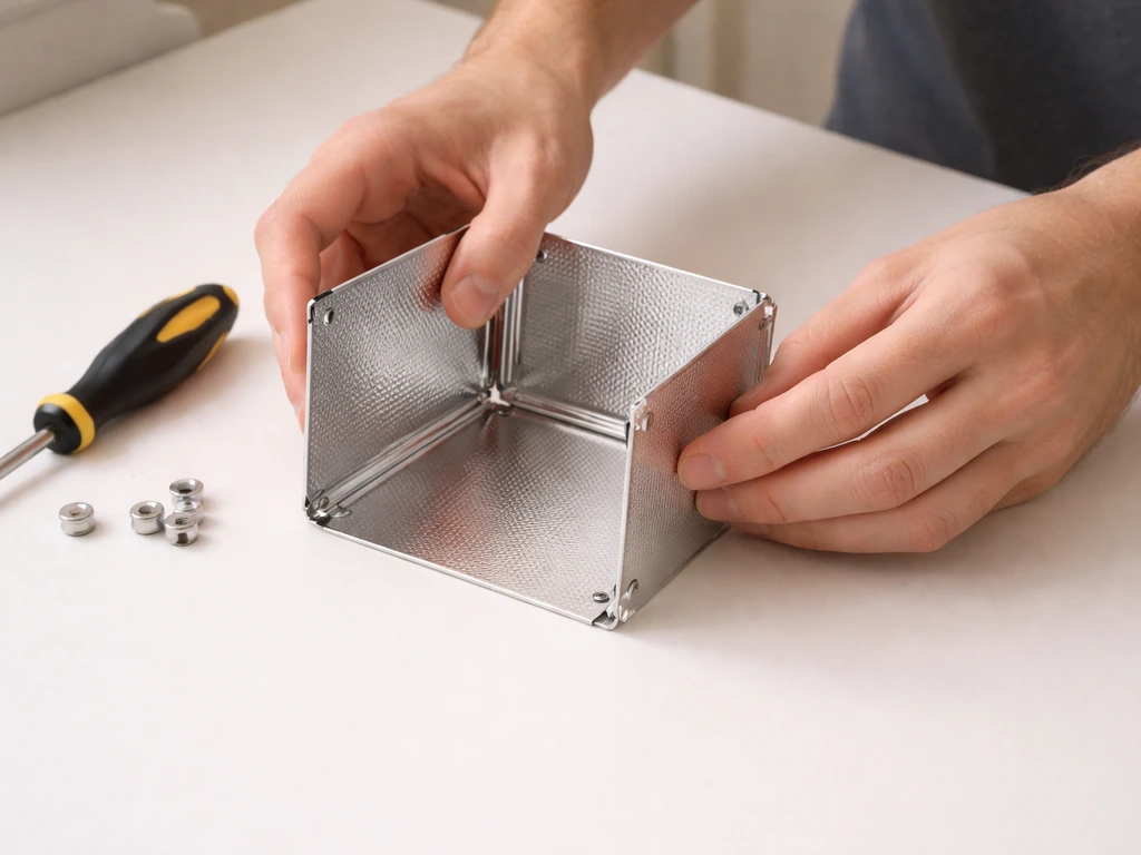 Hands aligning and sliding three reflector panels together on a workbench, with screws and screwdriver nearby.