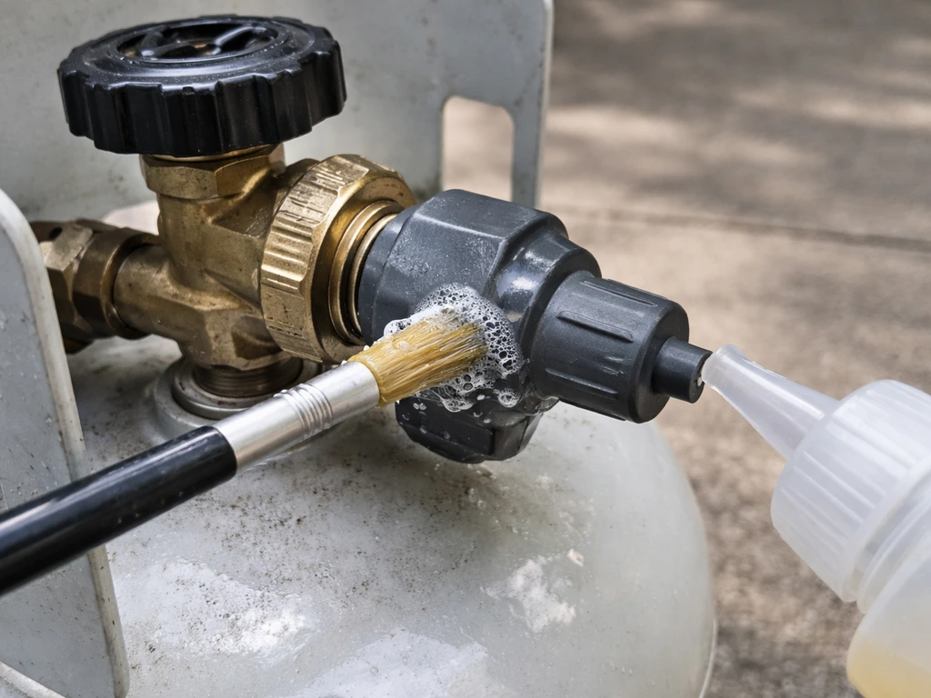 Close-up of a propane regulator connection with soapy solution bubbling around the seal.