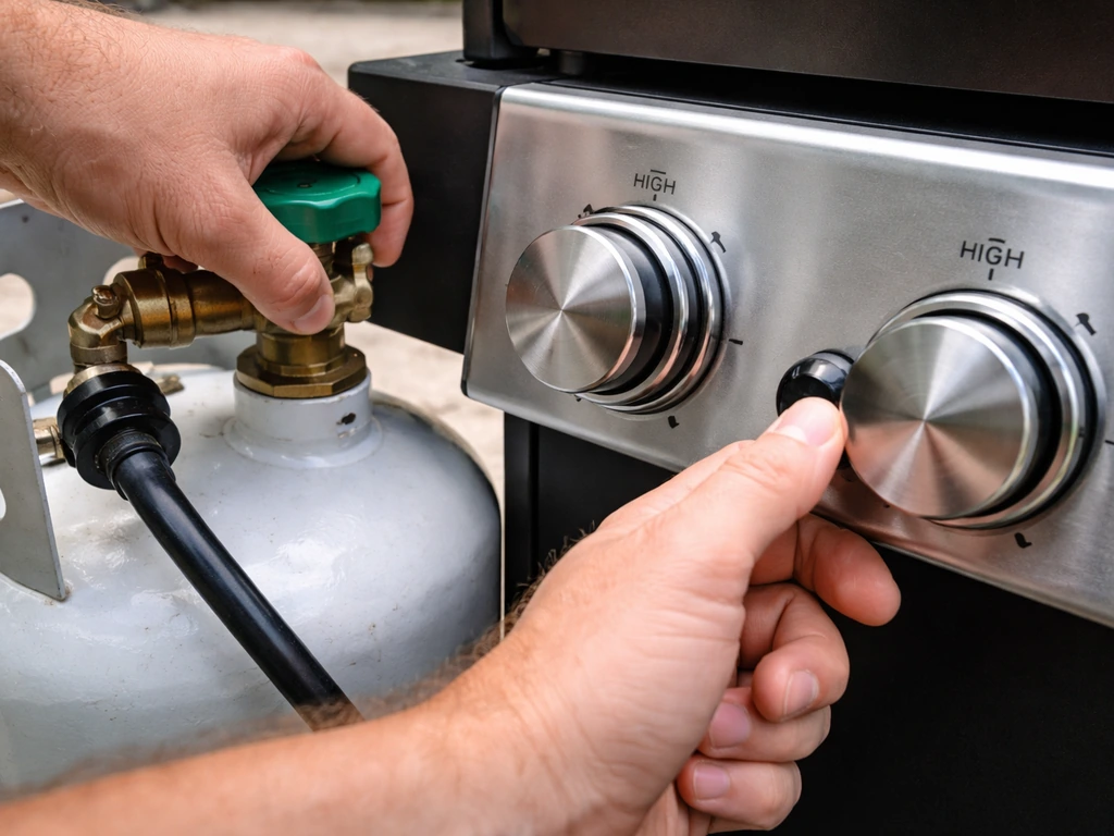 Close-up of a propane grill ready for ignition: cylinder valve fully open and knob set to HIGH.