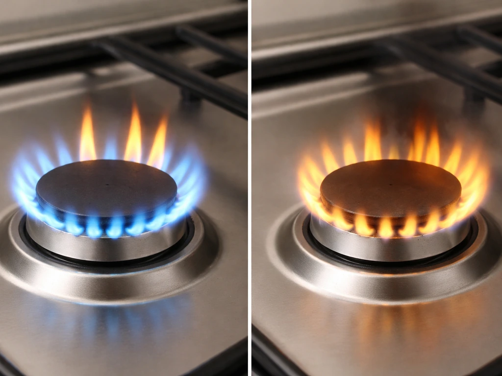 Close-up gas burner showing healthy blue flames with yellow tips versus more yellow flame and slight soot.