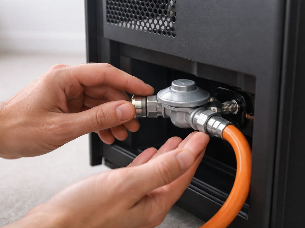 Close-up of hands inspecting a gas heater regulator and hose connection before starting.