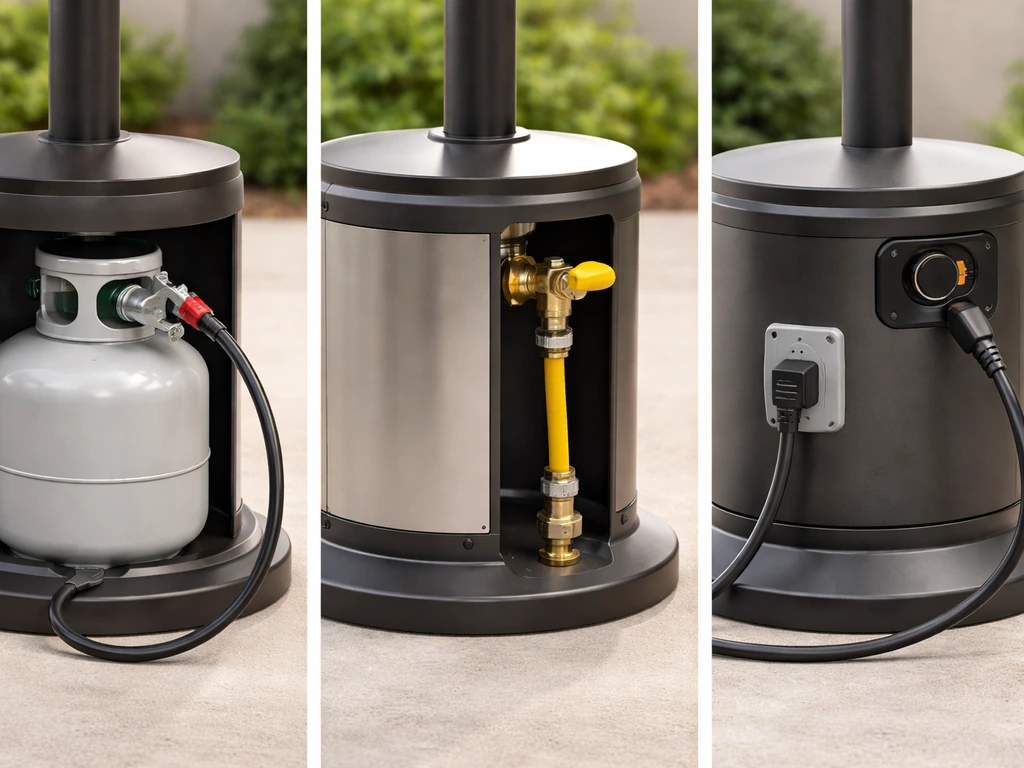 Three heater setups side by side: propane tank connection, natural gas line, and electric heater controls.