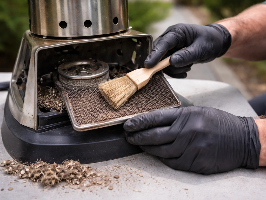 Gloved hands brushing a dusty emitter screen and burner area of a partially disassembled outdoor heater.