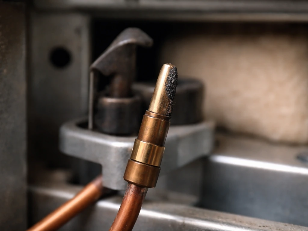 Close-up of a thermocouple tip near a gas pilot assembly showing clean copper tip vs carbon buildup