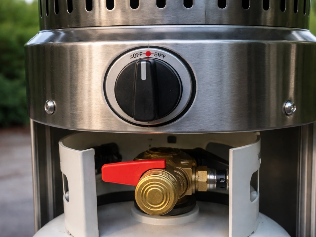 Propane patio heater control knob set to OFF with propane tank valve closed in a safe outdoor setup.